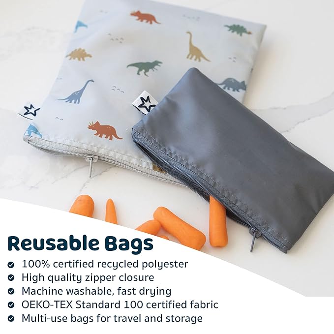 Tiny Twinkle 3 Pack Reusable Snack Bags - Machine Washable, PFAS, PVC, BPA, Phthalate-Free Reusable Baby and Toddler Food Safe Snack Bags (Sage Checkers)