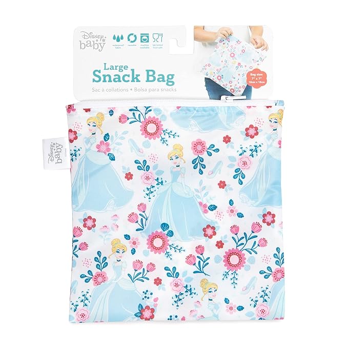 Bumkins Disney Reusable Sandwich and Snack Bags, for Kids School Lunch and for Adults Portion, Washable Fabric, Waterproof Cloth Zip Bag, Travel Pouch, Food-Safe, Large, Princess