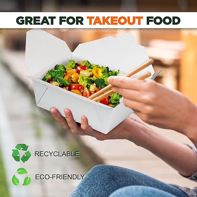 Fit Meal Prep 50 Pack 48 oz Paper Take Out Containers 6.8 x 5.5 x 2.5 - White Lunch Meal Food Boxes #8, Disposable Storage To Go Packaging, Microwave Safe, Leak Grease Resistant for Restaurant