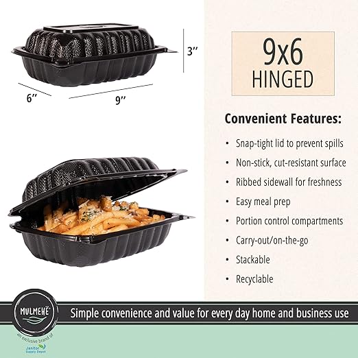 MULMEHË Mineral Filled Polypropylene Plastic Hinged Take Out Food Containers, 9x6x3, Vented Single Compartment, Black, 100 Pack