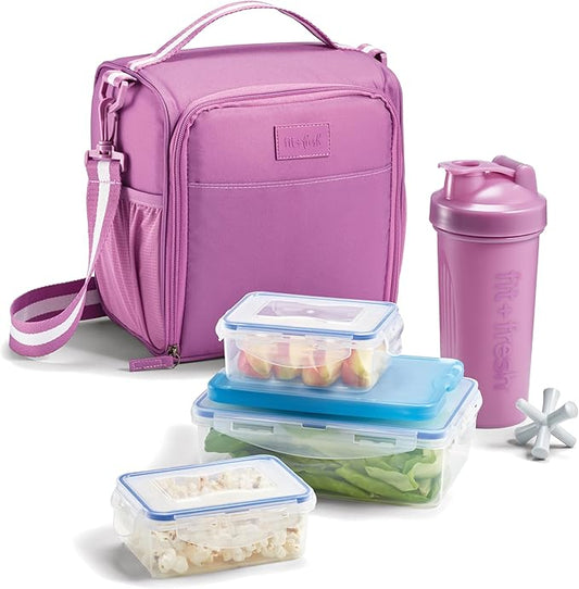 Fit & Fresh BREE Meal Prep Lunch Box With Containers, Ice Pack, and Shaker Bottle For Men and Women, 6pc. Meal Prep Kit Lunch Bag With Containers Included, Mauve