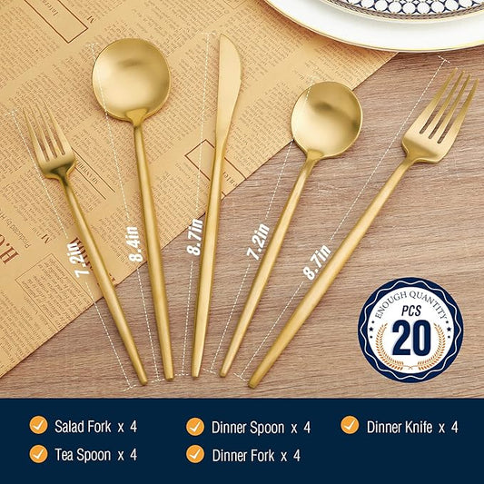 20 Pcs Gold Silverware Set, Stainless Steel Flatware Set Service for 4, Matte Gold Cutlery Set, Include Knives/Forks/Spoons, Dishwasher Safe