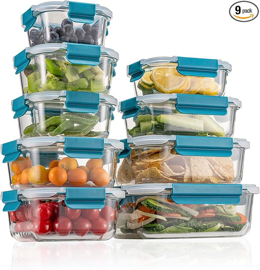 Glass Food Storage Containers with Airtight Lids-Glass Meal Prep Containers/Bento Box/Microwave Freezer Dishwasher Safe-Glass Lunch Box for Kitchen,Stackable,Large Capacity, BPA Free