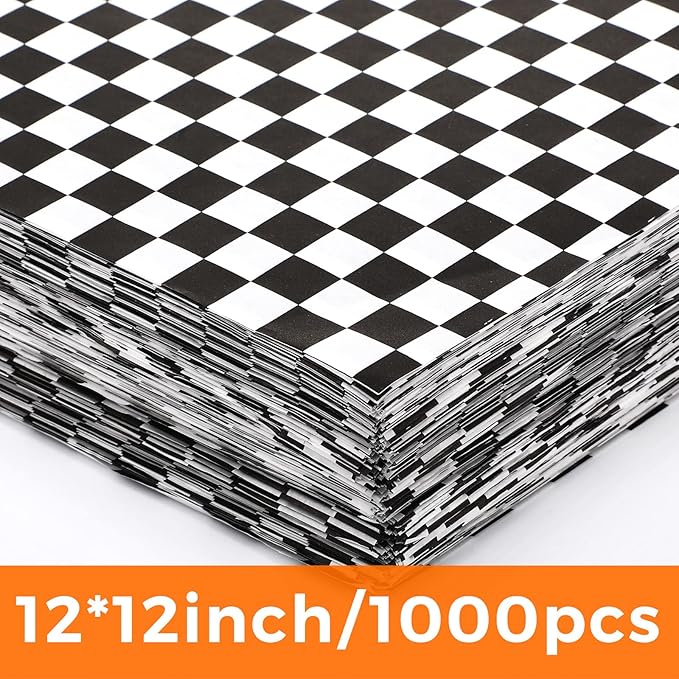 1000 Sheets Wax Deli Paper Sheets for Food 12 x 12 Inch Checkered Dry Waxed Deli Basket Liners for Sandwich Wrapping, Food Basket Liners, Picnic party(Black-white)