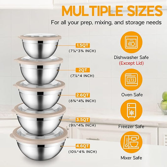 Mixing Bowl Set of 5 for Kitchen Stainless Steel Metal Nesting Mixing Bowls with Khaki Lids – Size 1.5, 2, 2.6, 3.5, 4.6QT