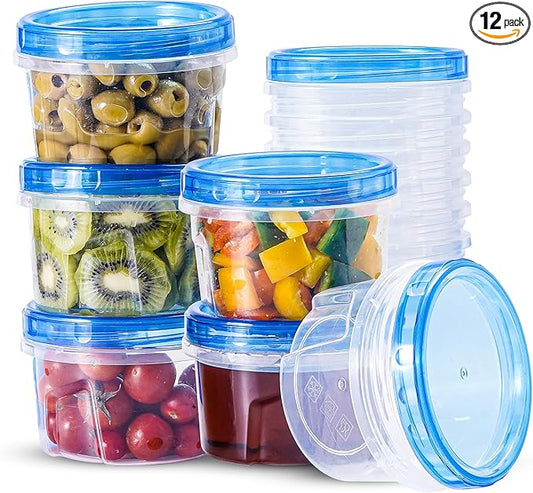 RFAQK 24 PCS Freezer Storage Containers with Twist Top Lids-(16OZ) 12 Plastic Deli Containers with 12 Screw Lids-Soup Freezer Containers with Lids-Meal Prep Reusable Box for Lunch, Gym and Travel