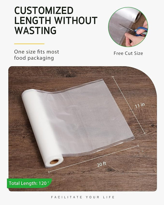 Syntus Vacuum Sealer Bags for Food, 6 Rolls 11" x 20' Commercial Grade Bag Rolls, BPA Free Food Vac Bags for Storage, Meal Prep or Sous Vide