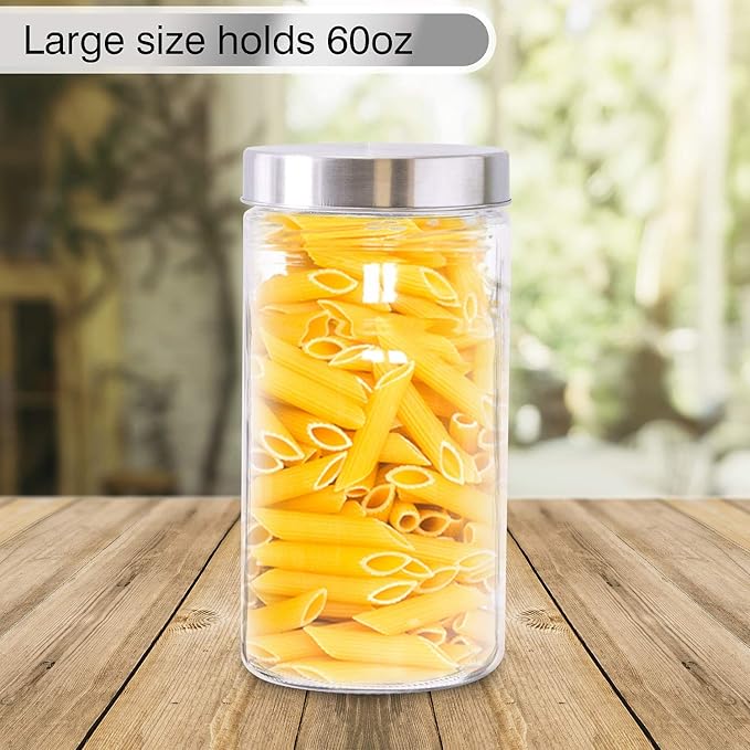 Glass Jars for Kitchen – Set of 3 Large Food Storage Containers – 60Oz Storage Jars with Metallic Lids – Multipurpose Glass Containers for Snacks, Coffee, Pet Treats – Screw-On Lid