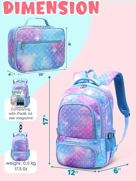 BLUEFAIRY Girls Backpack with Lunch Box Set Mermaid School Bag Set for Kids Elementary Primary School Book Bags Back to School Bookbags for Childs Lightweight Mochila para Niñas Cute Gifts Aged 4-8