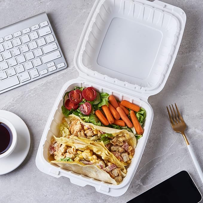 FULING [8x8-Inch, 50 Pieces Disposable To Go Box Containers, Plastic Clamshell Takeout Food Trays, Microwave Safe, Cut Resistantstable Hinged Lid, Hybrid Polypropylene, White