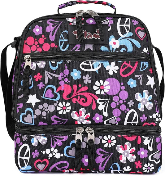 Tilami Lunch Bags Insulated Adjustable Strap Zipper, Water-Resistant Cooler Bags, Bento Bags for Kids Toddlers, Heart Black