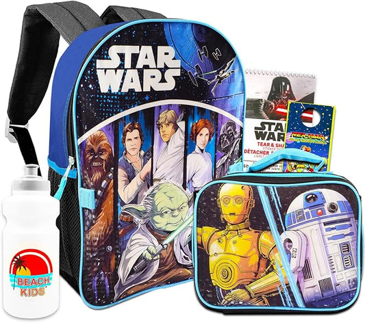 Star Wars Backpack with Lunch Box Set for Boys ~ Bundle with Deluxe 16" Star Wars Backpack, Insulated Lunch Bag, Water Bottle, More | Star Wars School Supplies