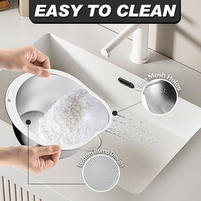 Rice Washer - Rice Cleaner Strainer Bowl - Rice Drainer Strainer - Fine Mesh Colander - Colander Bowl for Rice Veggie Fruit Beans, Funny Presents for Women - Silver