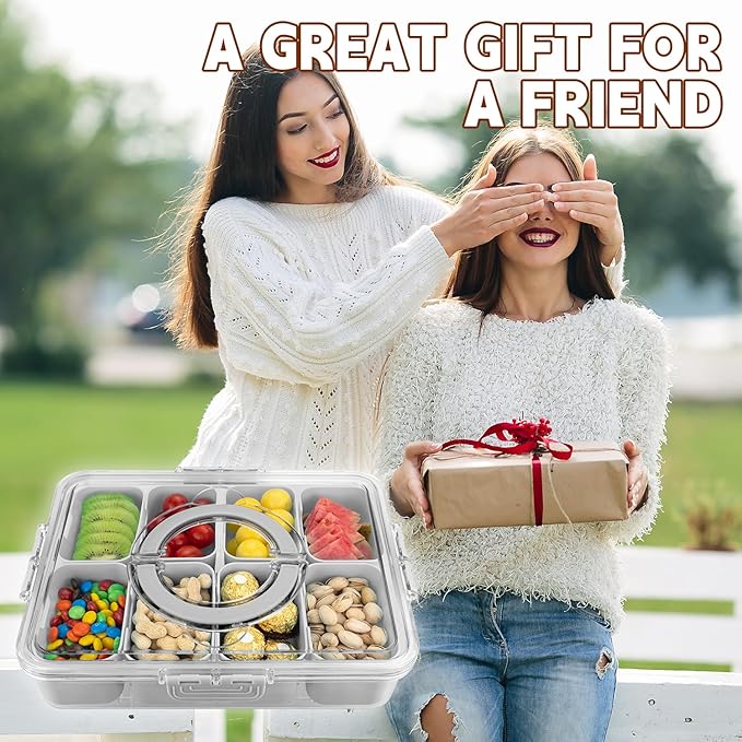 Divided Serving Tray with Lid and Handle,8 Compartments Snacks Box,Snack Fruit and Veggie Tray,Portable Platter for Candy Fruits Nuts Snack Party Entertaining Picnic (1 PCS Grey)