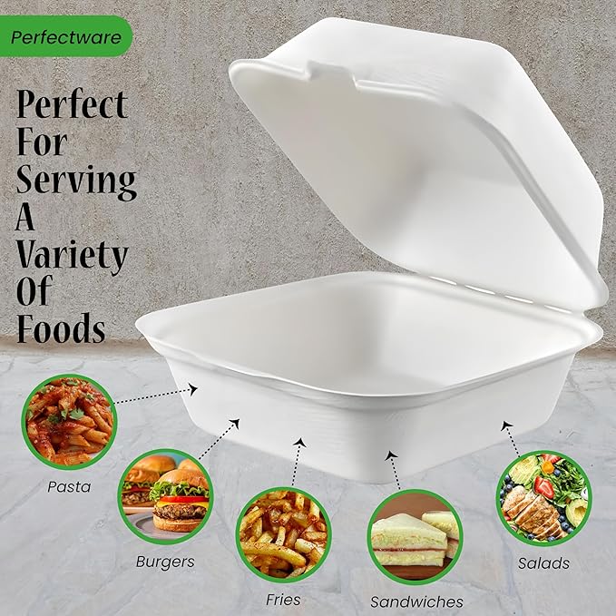 100% Compostable Clamshell Single Compartment Take Out Food Containers 6x6". 25 Containers, Natural Disposable Bagasse, Eco-Friendly Biodegradable Made of Sugar Cane-Package of 25ct