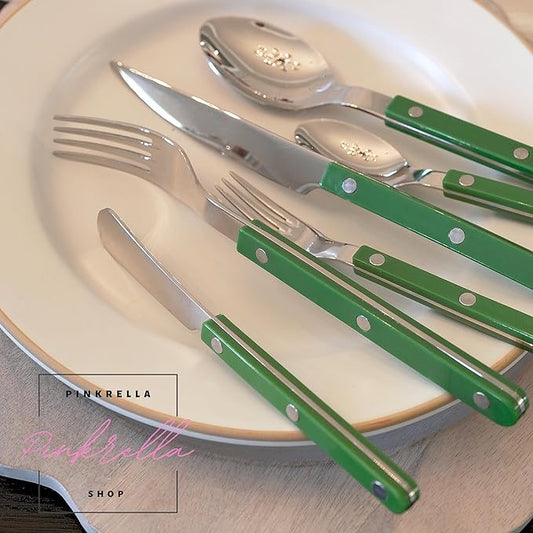 6-Piece Stainless Steel Flatware Silverware Cutlery Set - Color Handle with Rivet/Retro Style - Includes Dinner Knife; Dinner Fork; Salad Fork; Soup Spoon; Teaspoon; Spreader (GREEN)