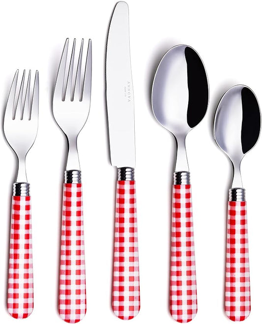 ANNOVA Silverware Set 20 Pcs Stainless Steel Cutlery Color Handle Flatware - 4 x Dinner Knife; 4 x Dinner Fork; 4 x Salad Fork; 4 x Dinner Spoon; 4 x Dessert Spoon (Red/Gingham Checkered) Christmas