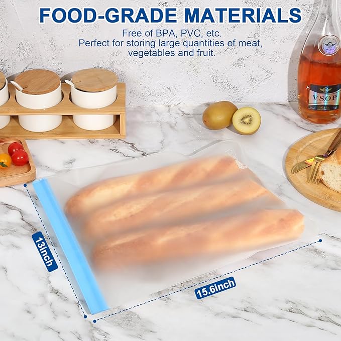 Lerine Reusable 2 Gallon Freezer Bags Dishwasher Safe, Reusable Freezer Bags 2 Gallon Capacity 13"x15.6", Leakproof BPA Free Food Storage Bags for Marinate Meats, Vegetables, Home Organization