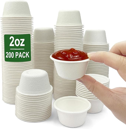 CAMKYDE 2 oz Disposable Bagasse Fiber Souffle Cups 200pk, 100% Natural Biodegradable Compostable Condiment Cups Sample Cup Tasting Cup (White, Pack of 200)