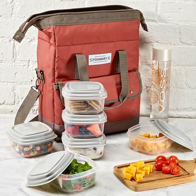 Fit & Fresh Douglas Adult Insulated Lunch Bag with Front Pouch & Carry Strap, Complete Lunch Kit Includes 6 Containers, Chestnut, Large