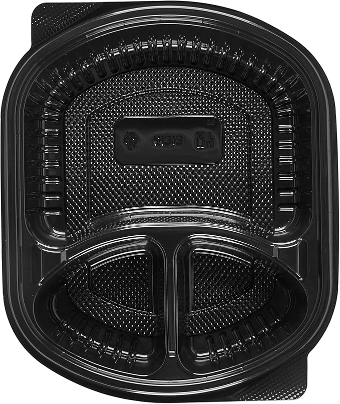 Restaurantware RW Base 27 Ounce Meal Prep Containers, 50 Microwavable To Go Containers With Lids - 3 Compartments, Disposable, Black Plastic Oval Food Containers, For Hot And Cold Food, Freezable