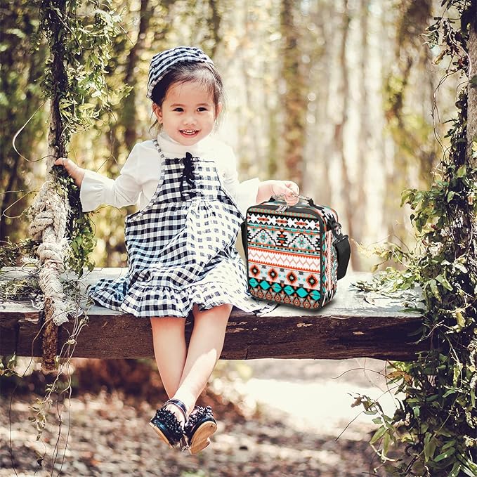 Aztec Geometric Kids Lunch Box Ethnic Insulated Lunch Bag Tote for Girls Boys, Cooler Freezable Meal Prep Bag Bento Bag with Shoulder Strap Waterproof Lunch Container for School Office Picnic