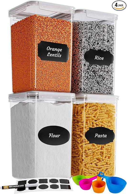 Chef's Path Extra Large Tall Airtight Food Storage Containers, Set of 4, Airtight Food Storage for Flour, Sugar, Rice, Includes Measuring Scoops, Pen, and Labels, 7qt, 220Oz, 6.5L, Transparent