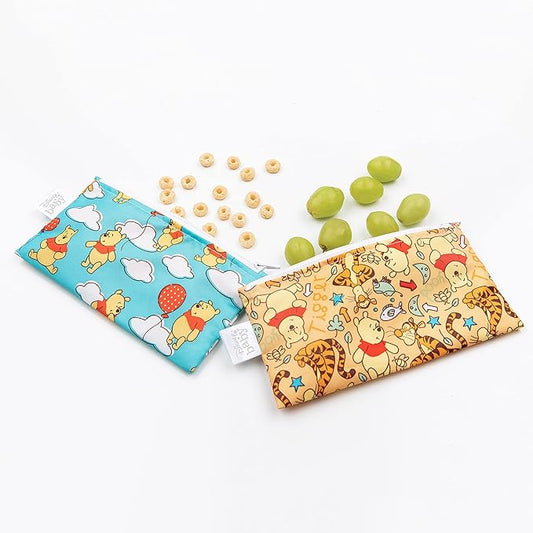 Bumkins Disney Reusable Snack Bags, for Kids School Lunch and for Adults Portion, Washable Fabric, Waterproof Cloth Zip Bag, Supplies Travel Pouch, Food-Safe Storage, 2-pk Winnie the Pooh