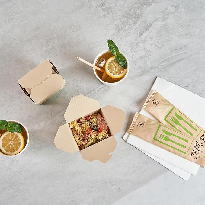 Restaurantware Sustain 16 Ounce Sturdy Paper Take Out Boxes, 50 Disposable Take Out Food Containers - With PLA lining, Compostable, Bamboo Paper Containers, Built-In Tab-Lock Cover, Greaseproof