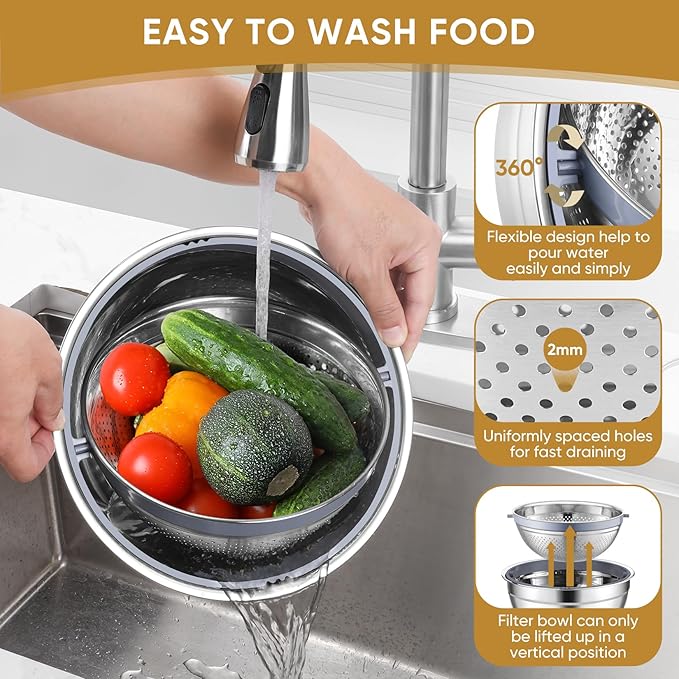 P&P CHEF Mixing Bowls with Lids Set of 3, 3 Pcs Stainless Steel Nesting Salad Bowls and Colander for Kitchen, 3 Grater Attachments & Non-Slip Bottoms, Visible & Airtight Lid, Khaki