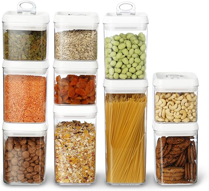 Felli Flip Tite Food Storage Container with Lid 5" LARGE Airtight Easy Open Ring Top, Acrylic Canister Jar for Sugar Flour Baking Powder Protein Rice Pasta Kitchen Organizer Gift Set (10pk, Variety)