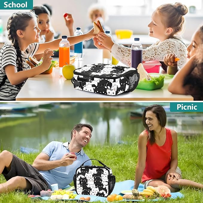 Cute Lunch Bag for Women Insulated Cat Lunch Box for Kids Girls Boys Reusable Leakproof Lunch Tote Bag with Shoulder Strap for School Work Picnic