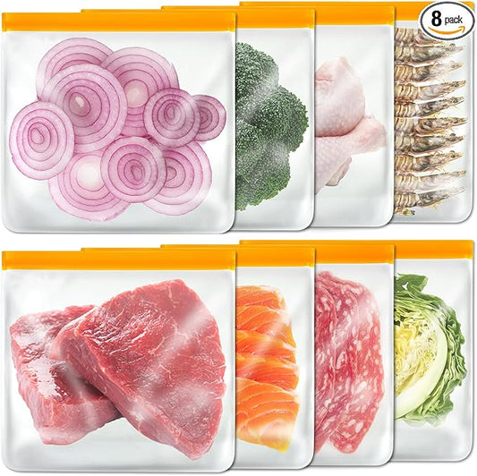 8 Pack Gallon Freezer Bags, Reusable Food Storage Silicone Bags Reusable Food Storage Bags, Large Zip Lock Bags Gallon, Lunch Home Fridge Kitchen Organization and Storage Meal Prep Freezer Containers