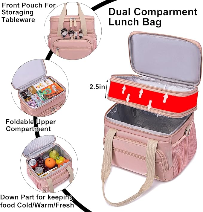 Weitars Lunch Bag for Women, Loncheras Para Mujer, Leakproof Insulated Large Lunchbox Dual Compartment Lunch Box Adult For Work Beach Picnic Hiking (15L) (Pink)