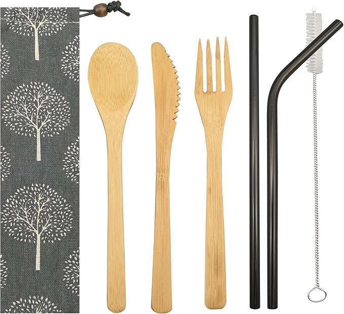 UPTRUST 2 Set Reusable Bamboo Cutlery Set - 6-Piece Flatware with 7.8 Inch Bamboo Knife, Fork, Spoon - 3 Colors Metal Straw and Clean Brush