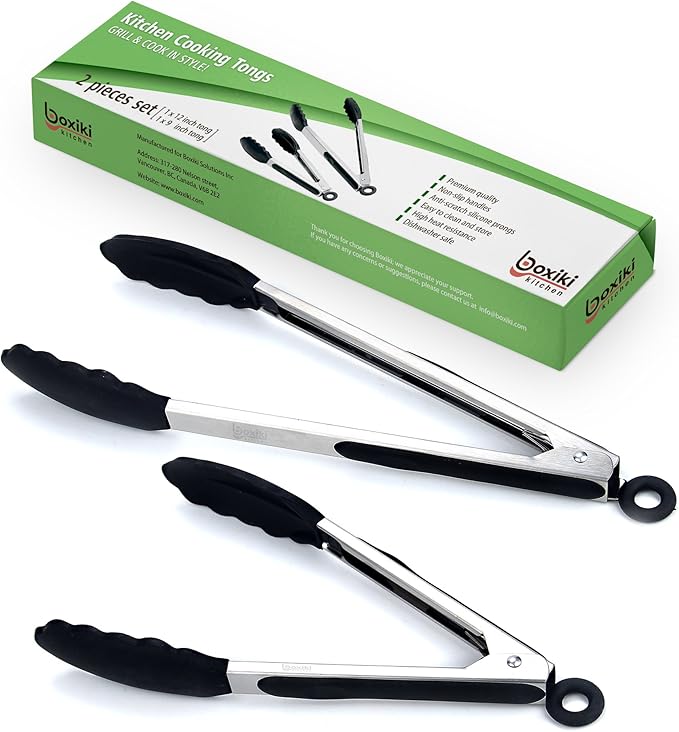 Kitchen Tongs for Cooking with Silicone Tips by Boxiki Kitchen, BPA Free Stainless Steel set of 2 Silicone Tongs for Cooking, Grilling & Toss a Salad, Heat Resistant Grill Tongs for Serving Food.