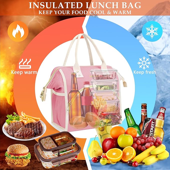 LOKASS Lunch Bag Women Insulated Lunch Box Wide-Open Lunch Tote Bag Large Cooler Bag for Work Picnic Hiking Beach（Pink）