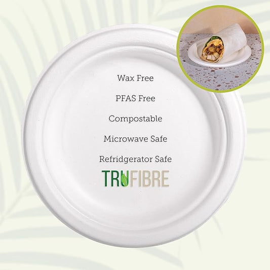 7" Paper Plates, Compostable Bagasse Food Container, Disposable, Microwave Safe for Lunch, Dinner, Party, Supplies, Events, Bulk, 125 Pack