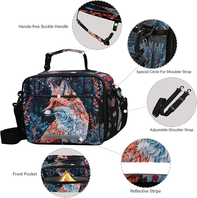 MNSRUU Student Lunch Bag Beautiful Fox Insulated DinnerTotes Picnic Bag Lunch Box with Adjustable Shoulder Strap for Teen Kids Adults