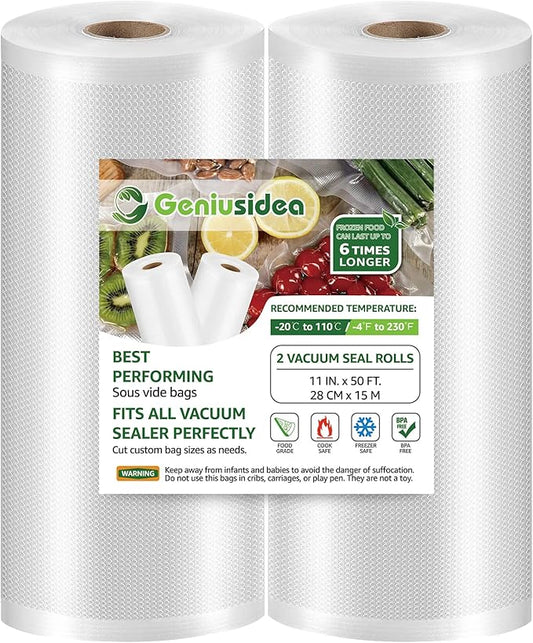 Geniusidea 11" x 50' 2 Rolls Vacuum Sealer Bags for Food Saver (100ft) Seal a Meal Commercial Grade Bags BPA Free Heavy Duty Great for Vac Storage Meal Prep or Sous Vide, White