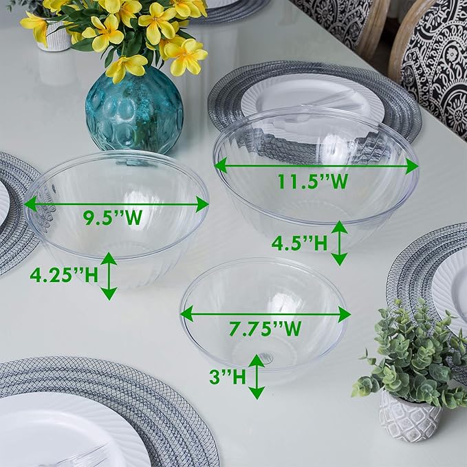 PLASTICPRO Disposable Combo Set of Salad Bowl With Lids Includes 4, 48 Ounce 4, 96 oz 4, 150 Ounce Round Crystal Clear Plastic Serving Bowl
