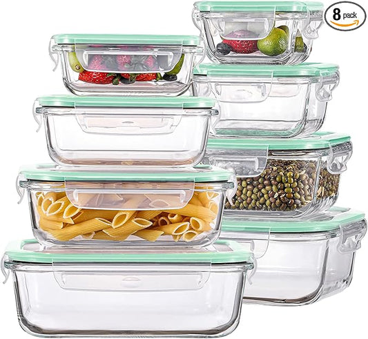 HOMBERKING 8 Pack Glass Food Storage Containers with Lids, Meal Prep Containers, Airtight Bento Boxes with Leak Proof Locking for Microwave, Oven, Freezer and Dishwasher, BPA Free, 5-35oz, light blue