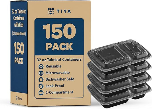 TIYA Takeout Food Containers - 32 oz Bulk 150 Pack with Lids - Plastic Compartment To-Go Boxes - Reusable, Microwavable, Dishwasher Safe - Leak-Proof for Restaurants & Meal Prep - BPA-Free