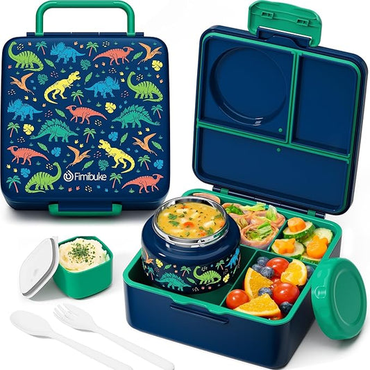 Fimibuke Bento Box for Kids with Thermos, 60OZ Bento Lunch Box Container with Leakproof 8OZ Insulated Food Jar, 3-4 Compartments, Sauce Jar, Utensils for Teens Toddler Adult, BPA-Free, Dishwasher Safe