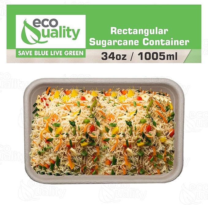 EcoQuality 34oz Disposable Bowls - Rectangular Compostable Sugarcane Fiber Biodegradable Paper Bowls Eco-Friendly Oblong Take Out Food Containers, Food Storage, Microwave Safe, Meal Prep (400 PACK)