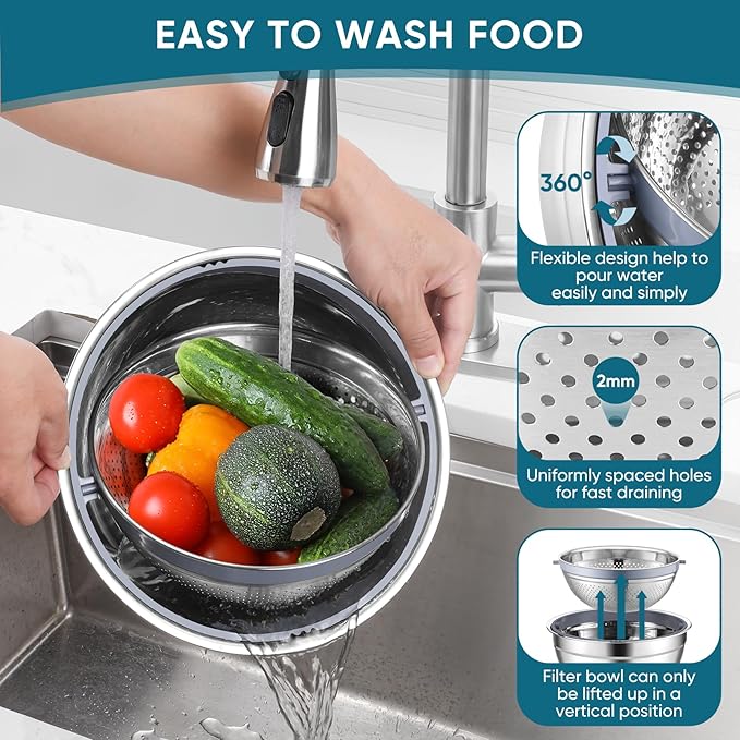 P&P CHEF Mixing Bowls with Lids Set of 3, 3 Pcs Stainless Steel Nesting Salad Bowls and Colander for Kitchen, 3 Grater Attachments & Non-Slip Bottoms, Visible & Airtight Lid, Blue