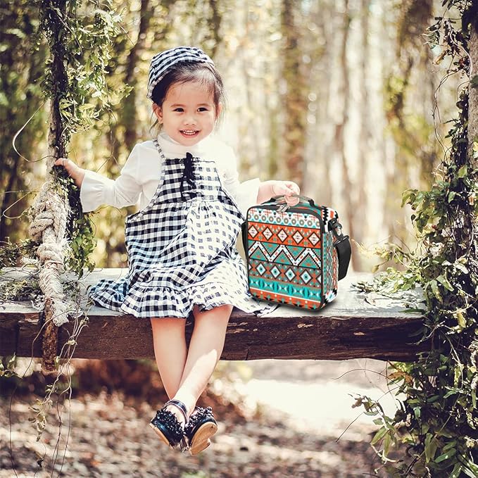 Aztec Geometric Kids Lunch Box Aztec Insulated Lunch Bag Tote for Girls Boys Cooler Freezable Meal Prep Bag with Shoulder Strap Waterproof Lunch Container for School Office Picnic