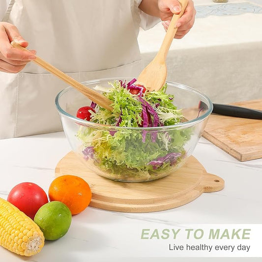 Glass Salad Bowls, Set of 3 Glass Bowls with Bamboo Lids Large Serving Bowl for Salad, Pasta, Desserts, W/Bamboo Utensils Salad Fruit Nesting Bowl for Cooking,Baking,Prepping,Serving & Storage