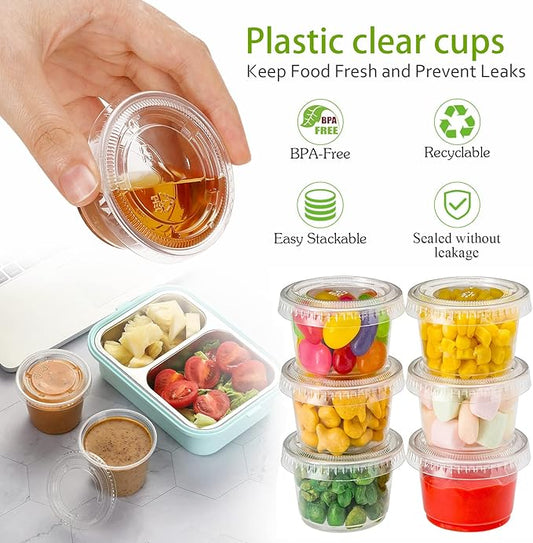 Jello Shot Cups with Lids, 3.25 oz Plastic Portion Cups with Lids, BPA-Free Disposable Condiment Dipping Sauce Cups, Leak-Proof Small Containers for Salad Dressing, 200 Count