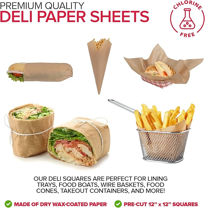 Stock Your Home 12 x 12 Grease Proof Deli Wrappers (500 Pack) - Pre Cut Natural Wax Paper Sheets - Recyclable Food Basket Liners -Kraft Deli Squares For Sandwiches, Lining Wire Food Baskets, Food Tray